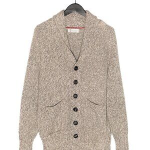 Brunello Cucinelli Beige Cotton Shawl Collar Sweater